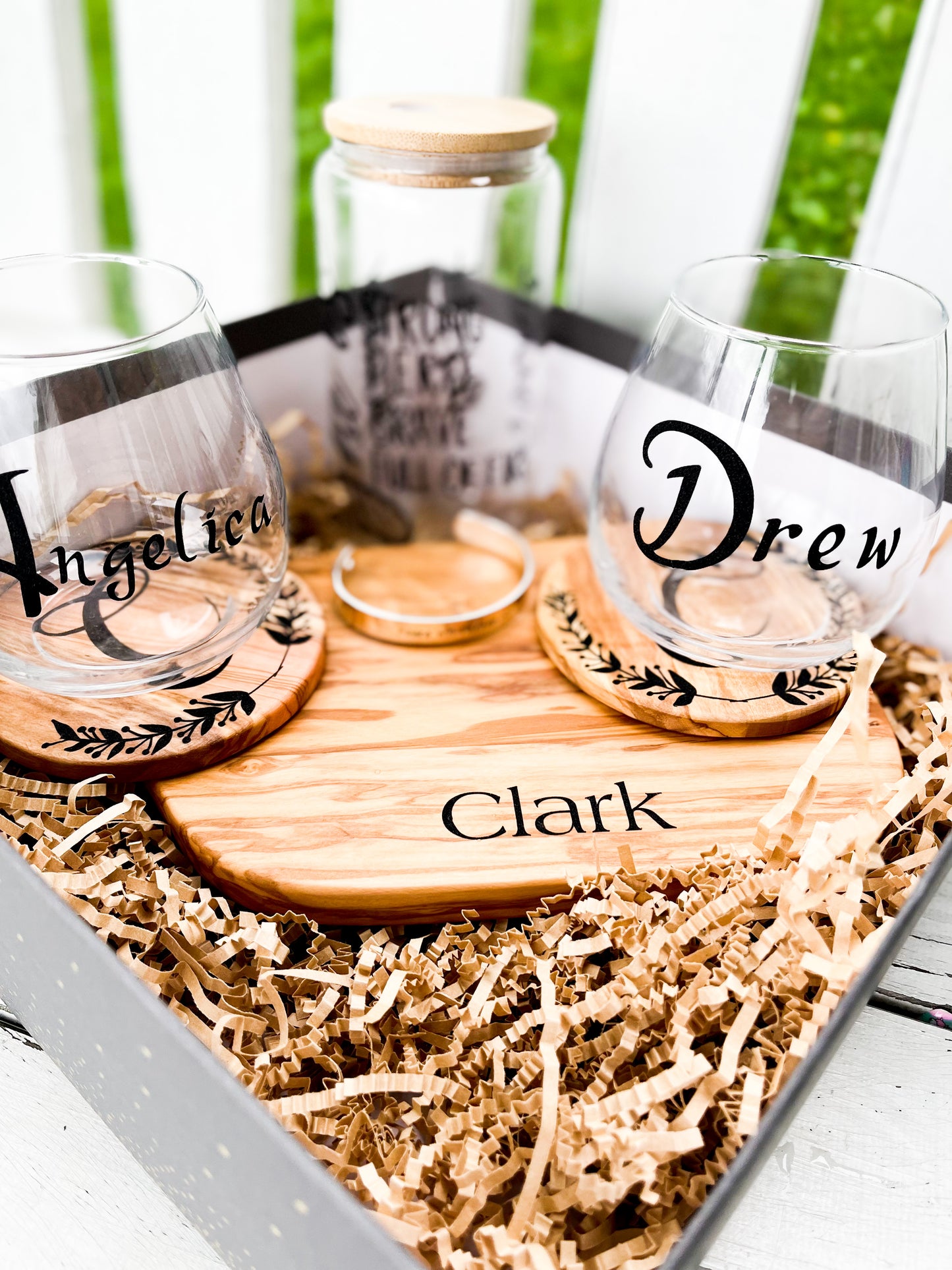 Personalized wine glasses with two coasters