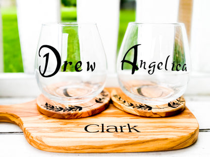 Personalized wine glasses with two coasters